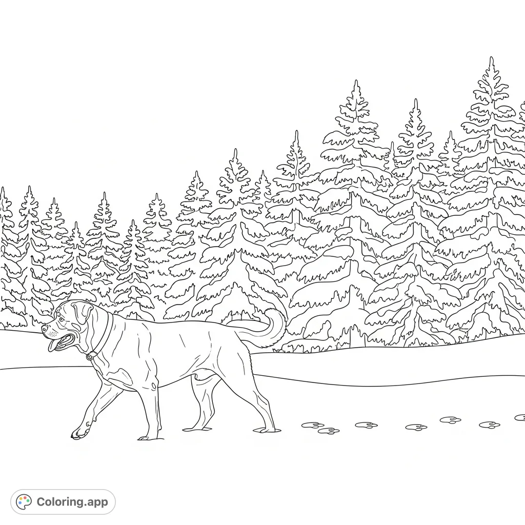 A powerful Rottweiler navigating a snowy landscape, leaving paw prints behind. Pine trees stand tall in the distance, capturing a serene winter scene.