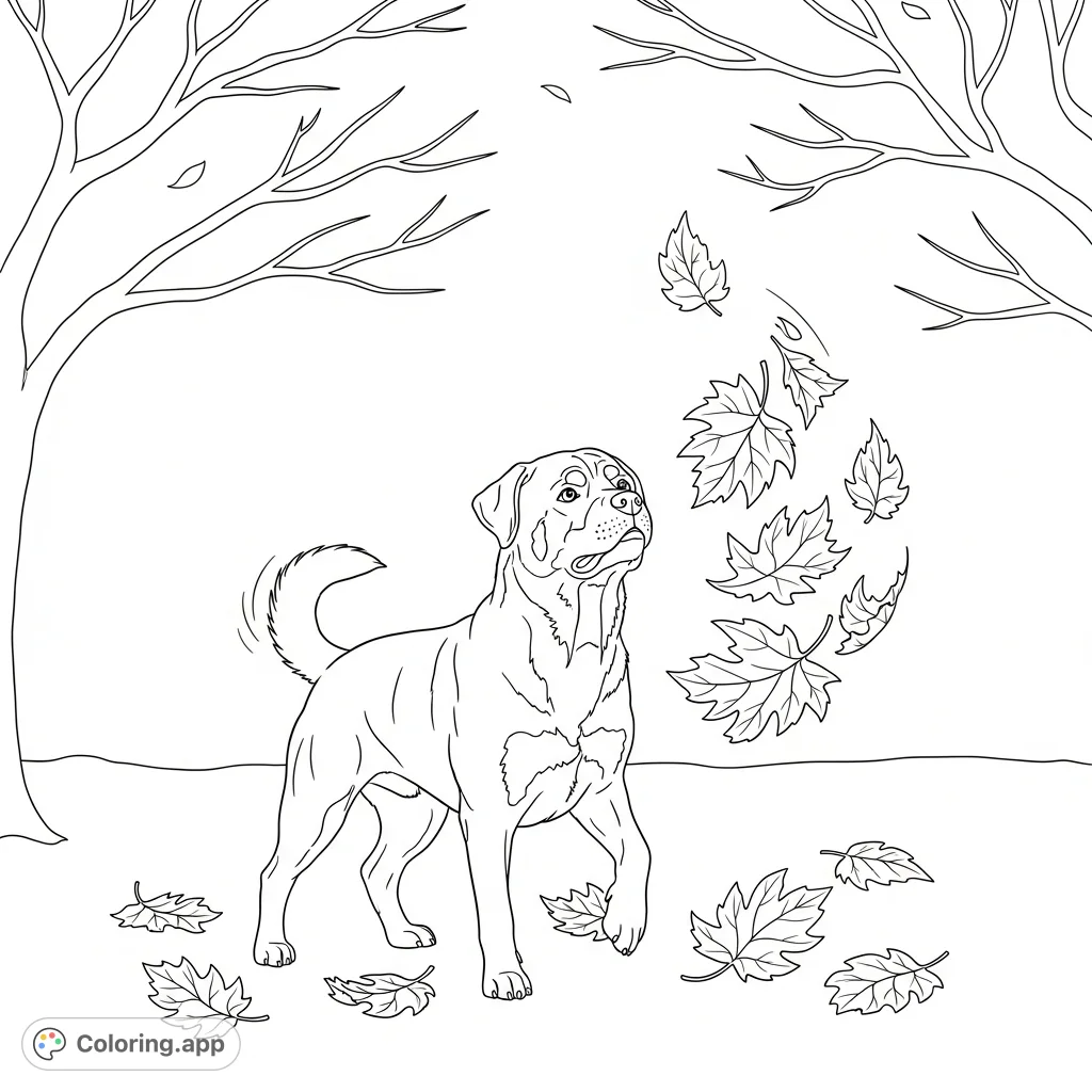 A playful Rottweiler joyfully paws at falling autumn leaves under simplified tree branches. A charming scene for dog lovers and autumn enthusiasts to color.