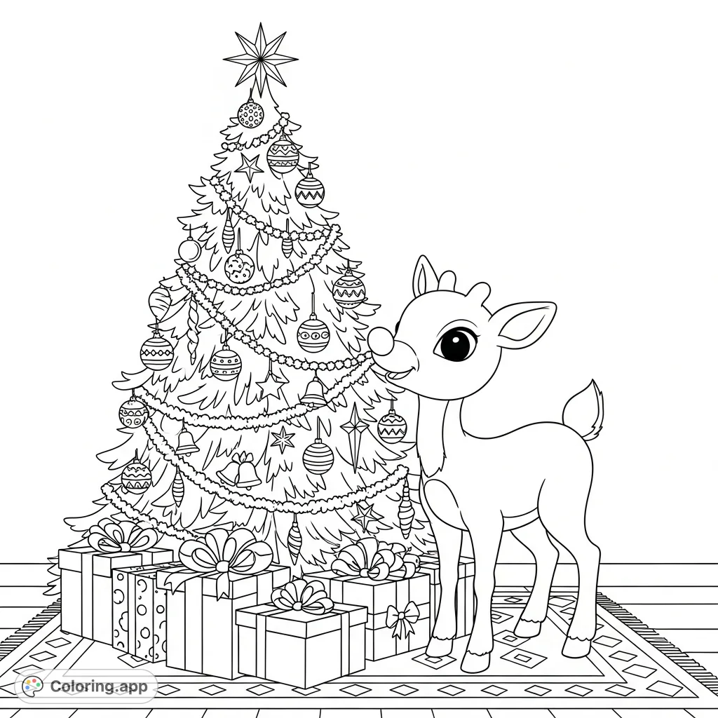 Rudolph, with his distinctive nose, stands beside a magnificent, intricately decorated Christmas tree, surrounded by presents and a patterned rug in a festive room.