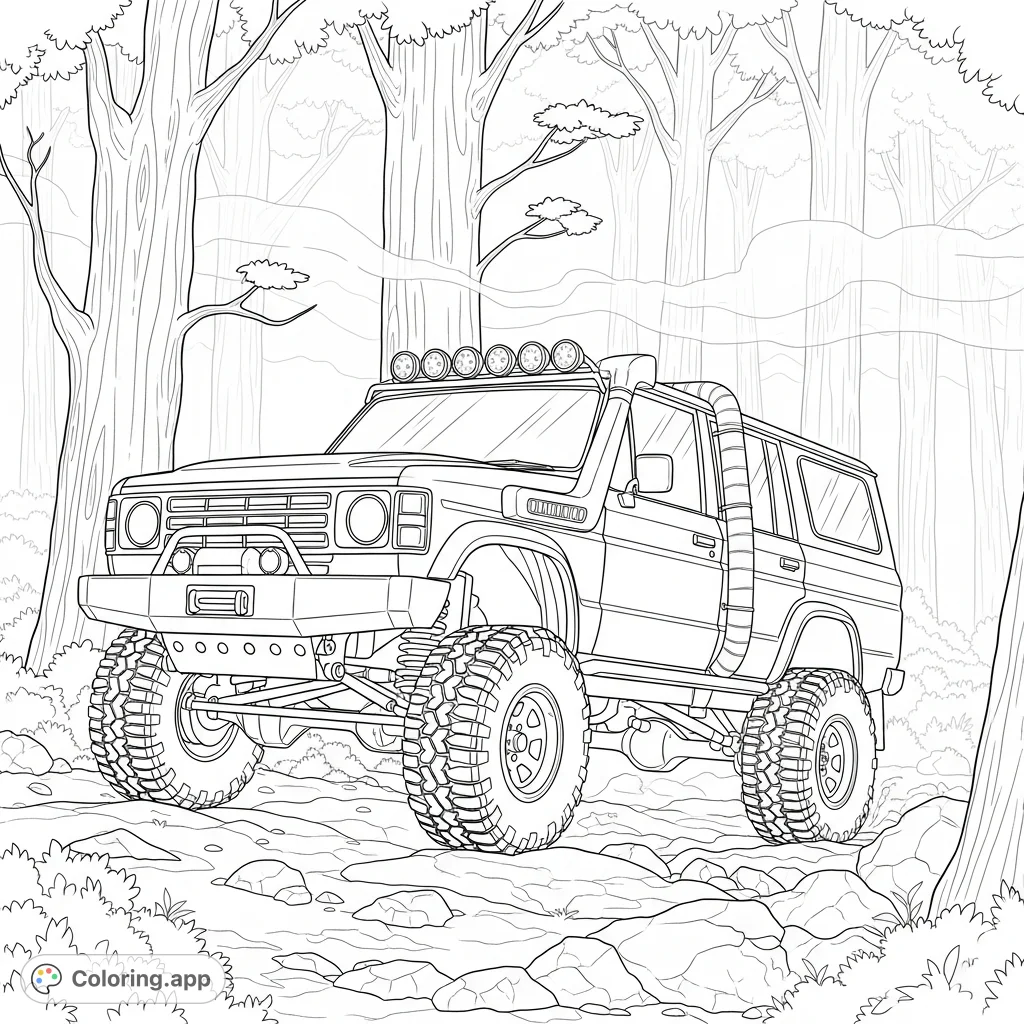 Navigate a lifted 4x4 through dense, foggy woods. This intricate coloring page features a detailed off-road vehicle with snorkel and light bar.