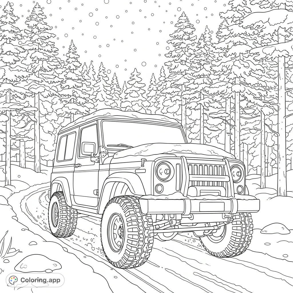 A snow-ready, Jeep-inspired 4x4 with rugged winter tires drives through a dense pine forest, enveloped in delicate snowfall and snow-laden trees.