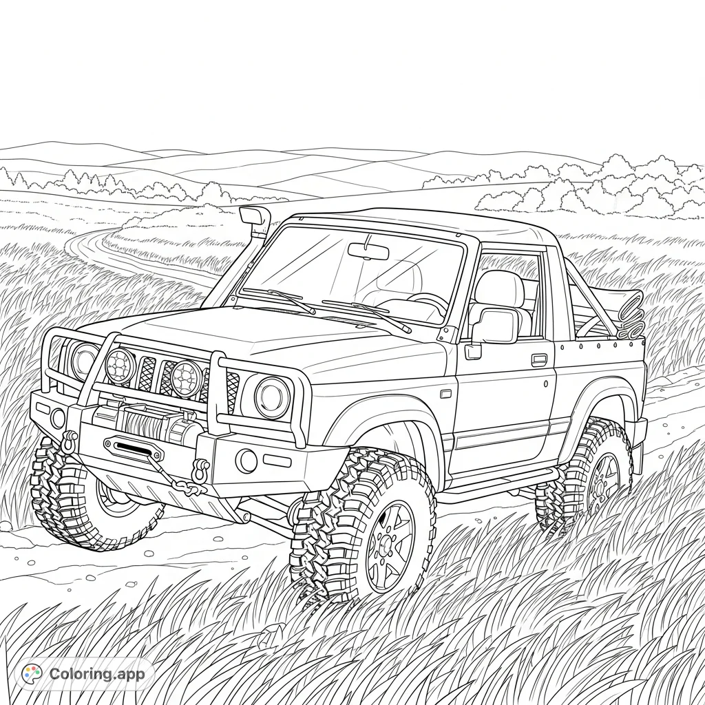 A detailed two-door off-road 4x4 with its soft top down, navigating through tall, dense grass on an unpaved track, with distant hills.