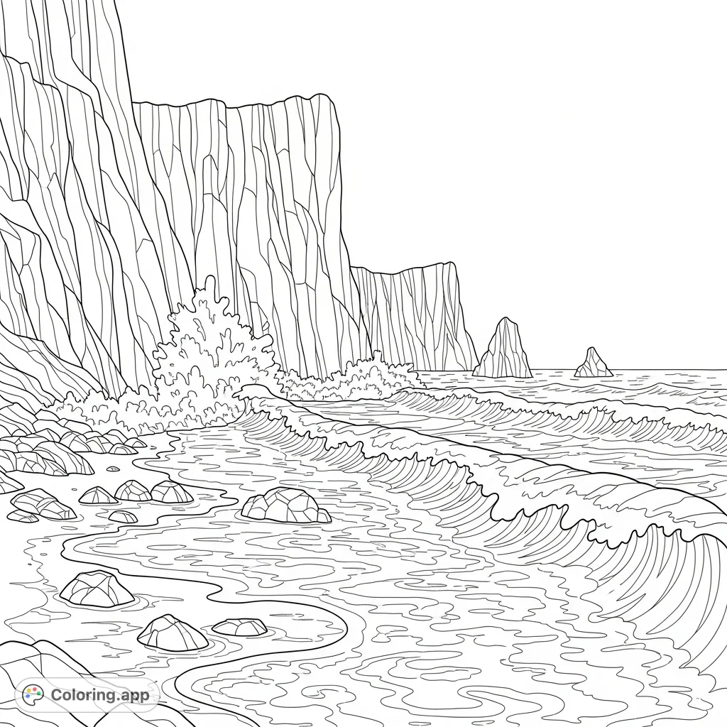 An exhilarating coloring page depicting a dramatic rugged coastline with powerful crashing waves, towering cliffs, and simplified sea foam for creative exploration.