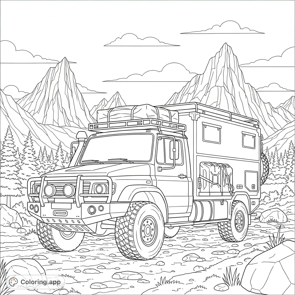 A detailed coloring page featuring a rugged expedition vehicle equipped with jerry cans, roof tent, and bull bar, set against a majestic mountain backdrop.