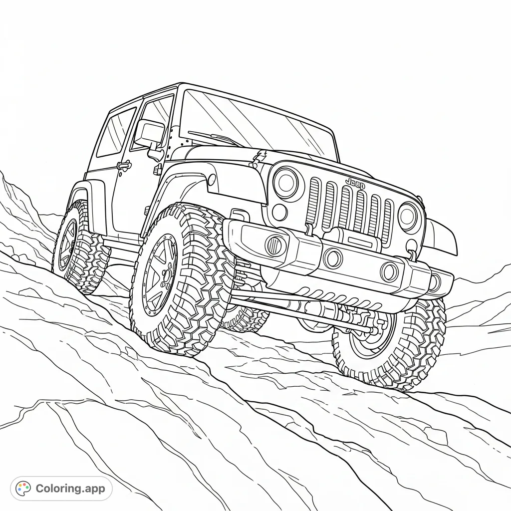 A detailed coloring page featuring a robust off-road 4x4 vehicle conquering a challenging, rocky hill, emphasizing its knobby tires and rugged design.
