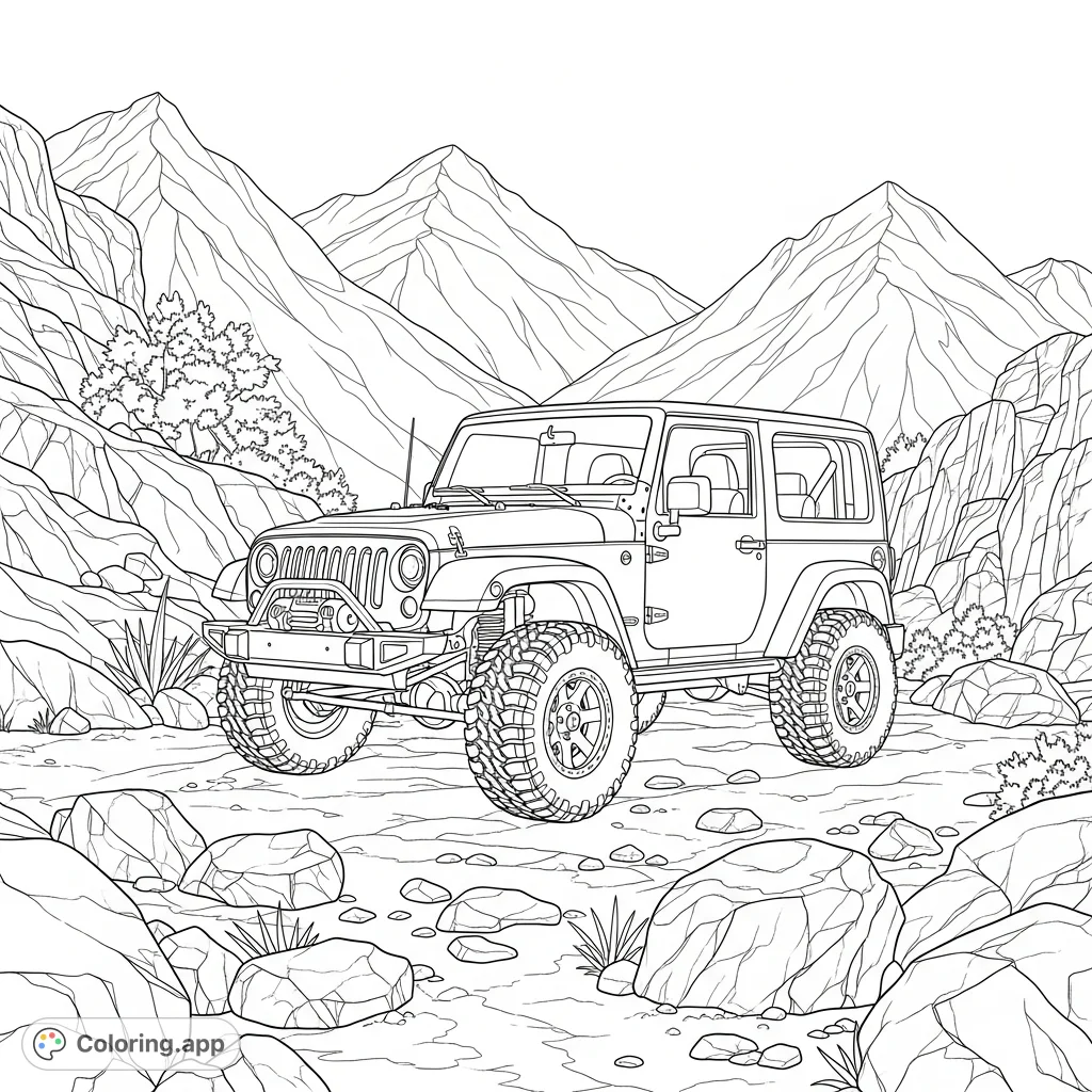 A detailed coloring page featuring a rugged, Wrangler-inspired off-road 4x4 vehicle parked in a challenging landscape with mountains and boulders.
