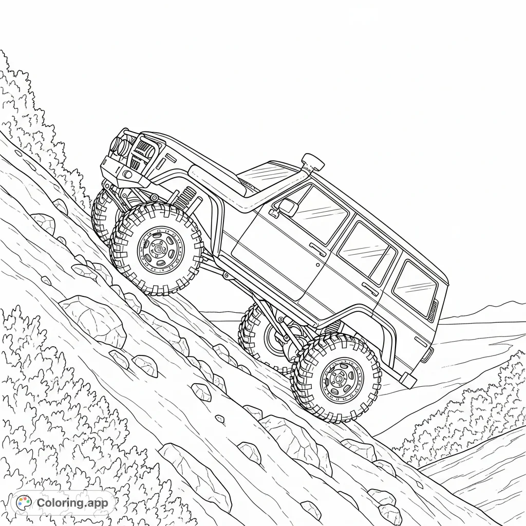 An off-road vehicle with high clearance and a snorkel climbs a steep, rocky hill, showcasing its robust design and the challenging terrain.