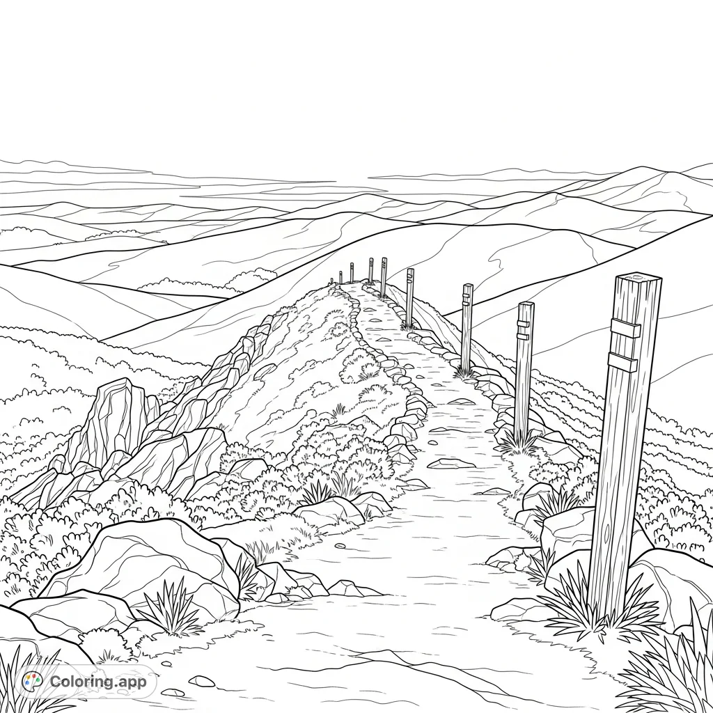 Explore a challenging yet rewarding rugged ridge trail with weathered wooden posts, jagged rocks, and sparse vegetation under an open sky.