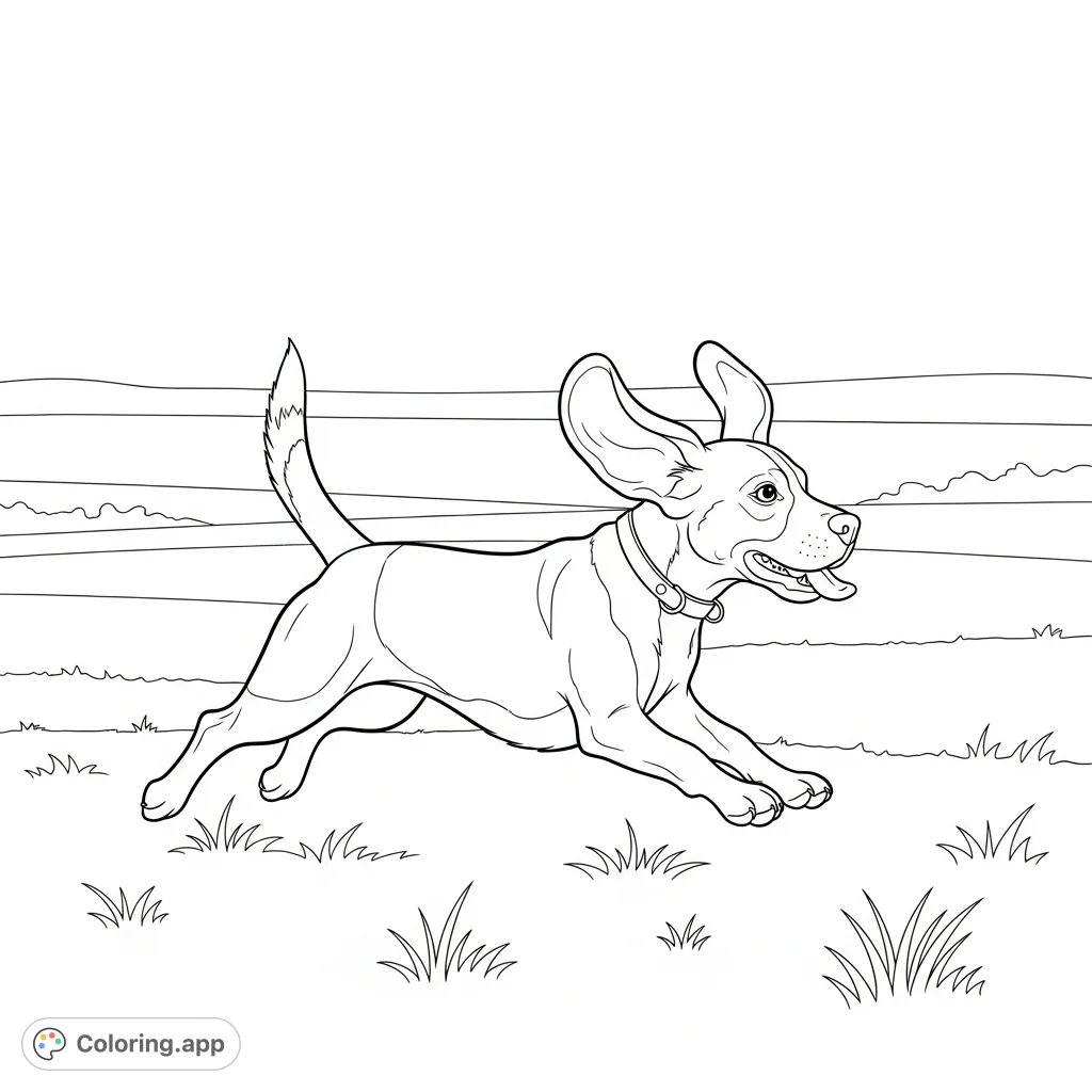A cheerful beagle dashes across an open field, ears flapping in the wind, tail wagging. A delightful scene for all ages to color and enjoy.