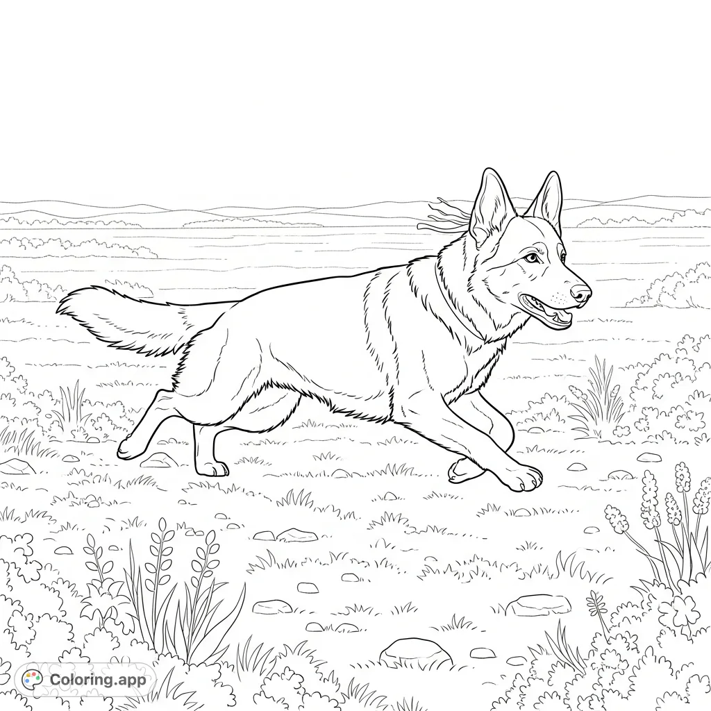 A powerful German shepherd in full stride, racing across an expansive open field with its tail flowing behind, inviting a burst of energetic colors.