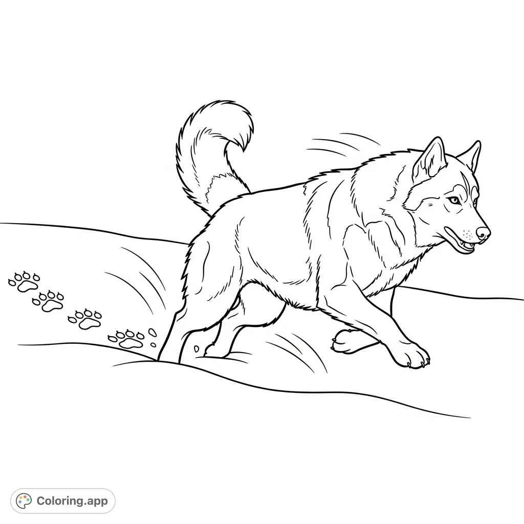 A dynamic coloring page featuring a husky running through snow, its tail curled high, leaving paw prints, and surrounded by motion lines conveying speed.