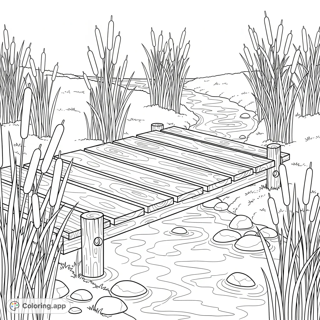 A charming coloring page featuring a rustic wooden plank bridge arching over a tranquil stream, lined with tall cattails along its banks.