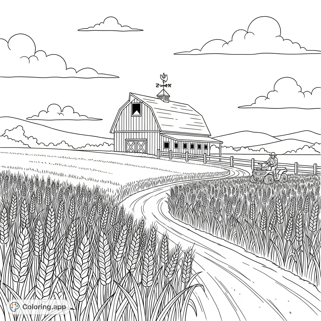 Explore a serene farm scene featuring a winding dirt road through wheat fields, a classic barn with a wind vane, and a farmer on an ATV. A peaceful rural coloring page awaits!