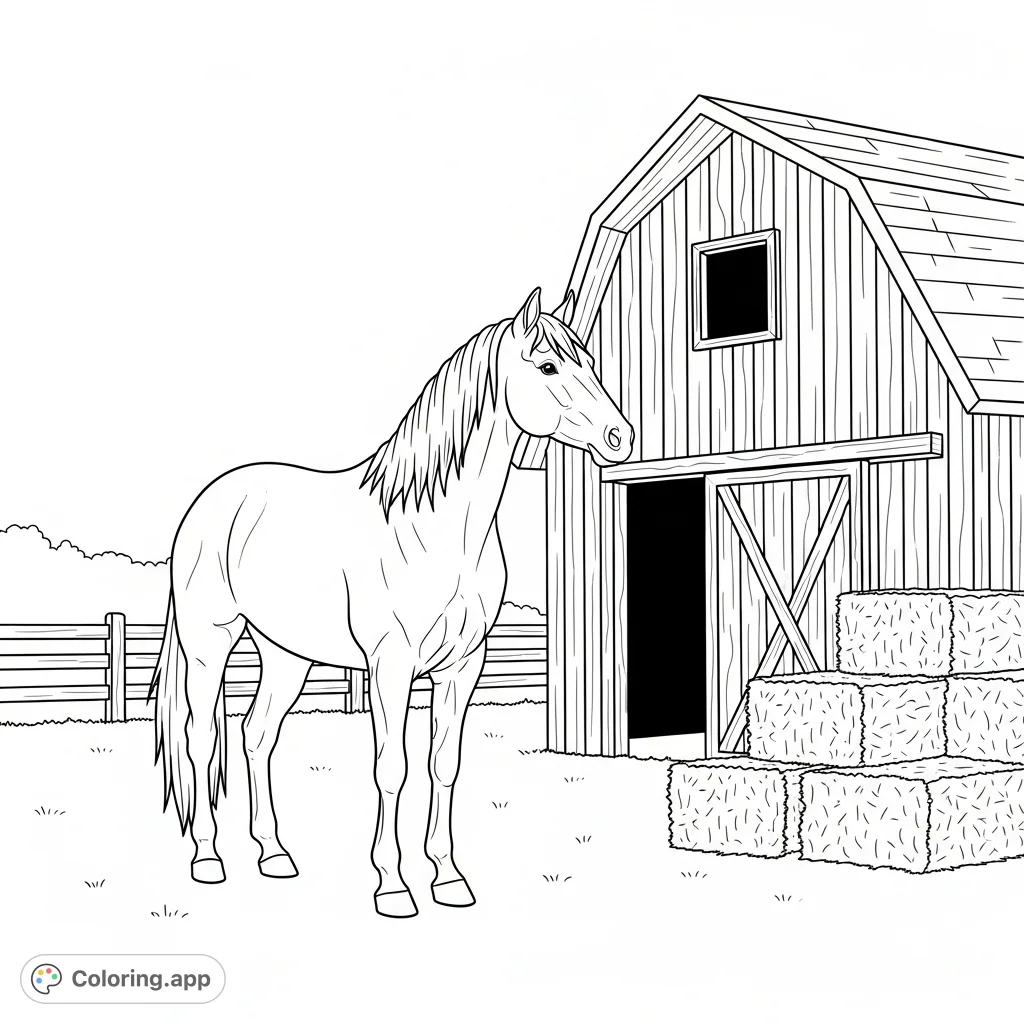 Explore a charming farm scene featuring a majestic horse standing proudly beside a rustic barn and neatly stacked hay bales. Perfect for nature lovers.
