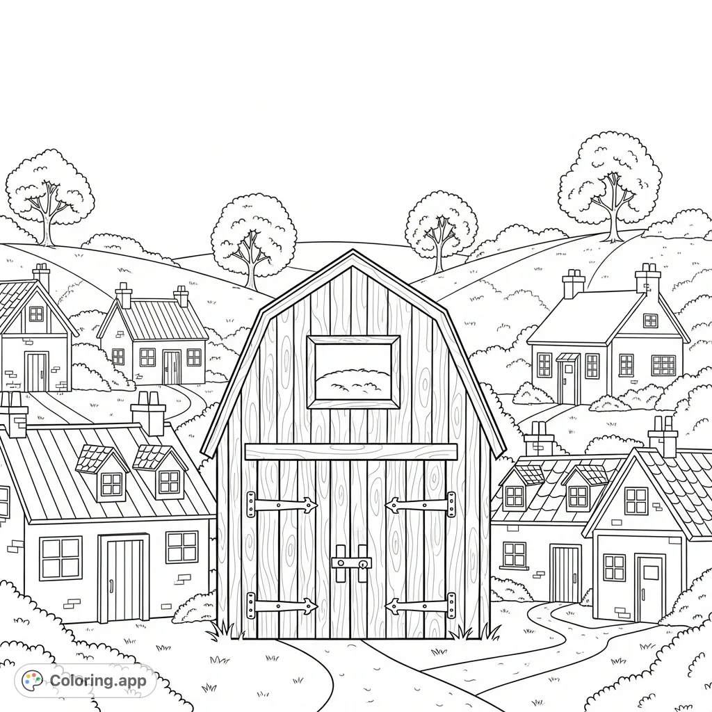 A charming scene featuring a small rustic barn with wooden doors and hayloft, flanked by quaint village cottages, all set against a backdrop of rolling hills.