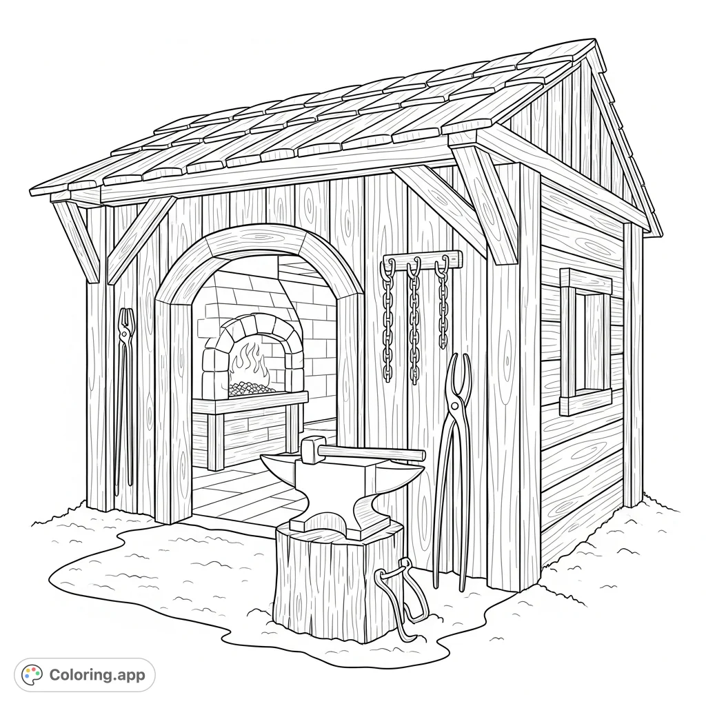 An inviting coloring page depicting a rustic blacksmith's workshop exterior, complete with an open forge, anvil, hammer, and tongs.