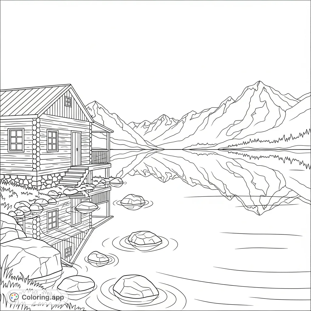 Discover a peaceful scene featuring a rustic wooden cabin by a serene lake with majestic mountains and their reflections. Perfect for nature lovers.