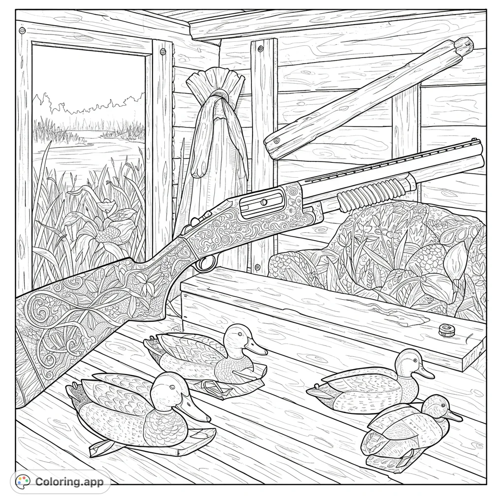 Explore a rustic duck blind with an ornate shotgun and detailed duck decoys. A free printable hunting-themed coloring page for adults and teens.