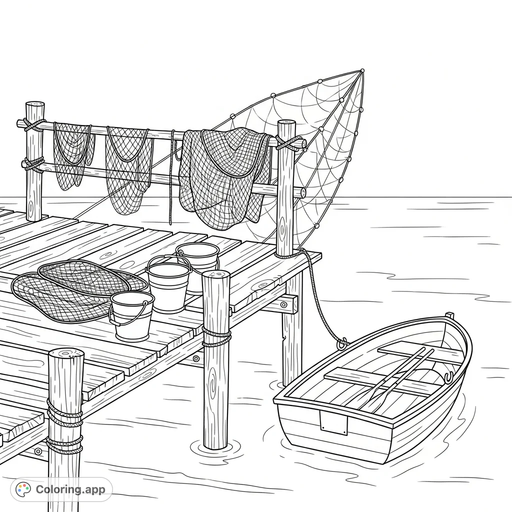 Capture the calm of a fishing pier with this detailed coloring page. Features a wooden pier, fishing nets, buckets, and a small moored rowboat.