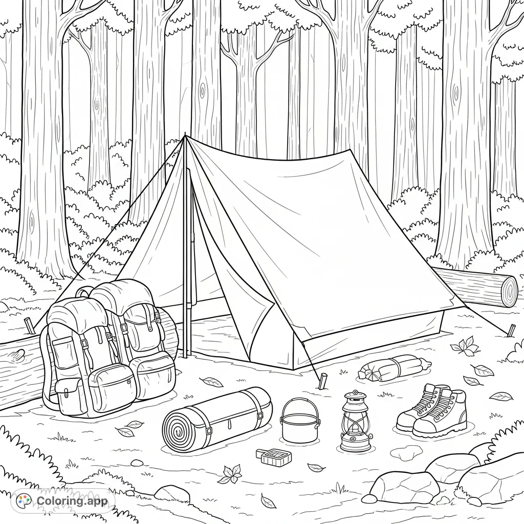 A detailed coloring page depicting a serene forest campsite with a pitched tarp shelter, neatly arranged backpacks, and various outdoor gear on the ground among trees.