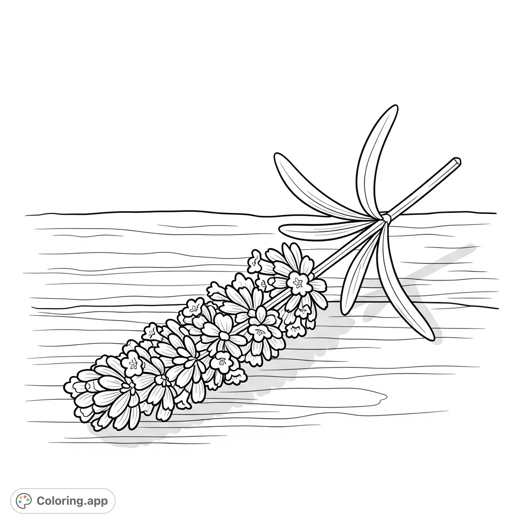 A serene lavender sprig with intricate florets and slender leaves resting on a rustic wooden surface. Perfect for a calming coloring experience for all ages.