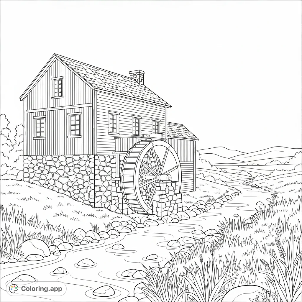 A charming mill house with a waterwheel beside a serene, slow-moving stream, surrounded by natural elements like grasses, stones, and rolling hills.