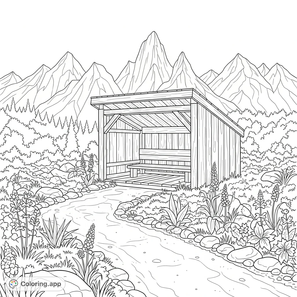 Color a tranquil hiking shelter nestled on a winding trail with majestic mountains towering in the background, inviting wilderness exploration.