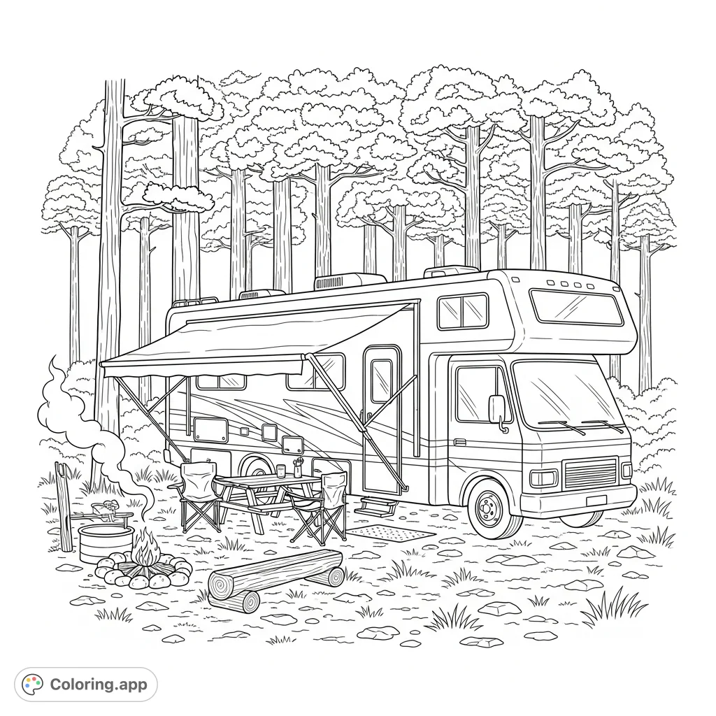 Explore a serene RV campsite scene with a parked RV, extended awning, campfire, and dense pine forest background. Perfect for relaxation and creative expression.