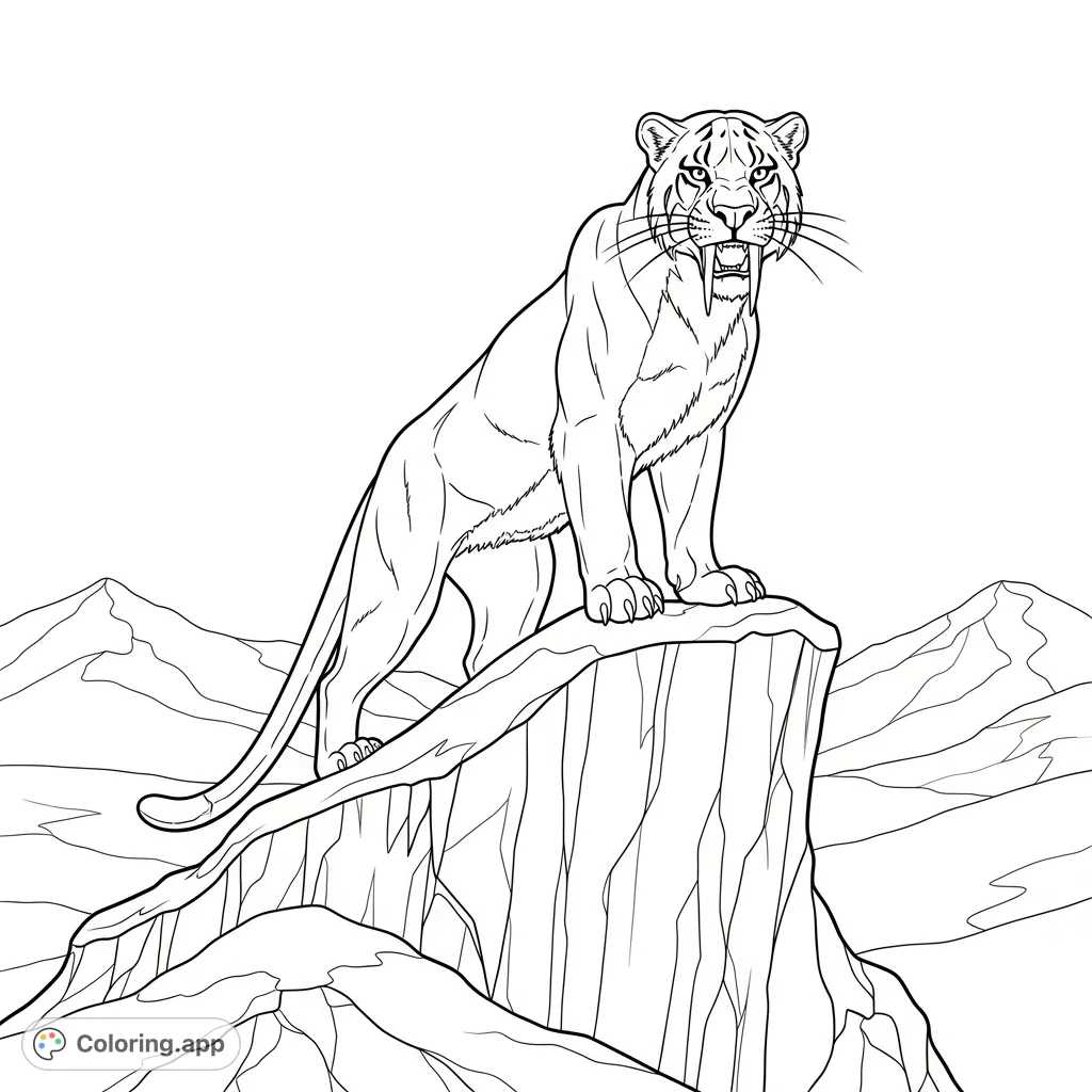 A powerful sabertooth cat stands majestically on a jagged icy rock, its formidable fangs prominent, set against a barren, frozen landscape.