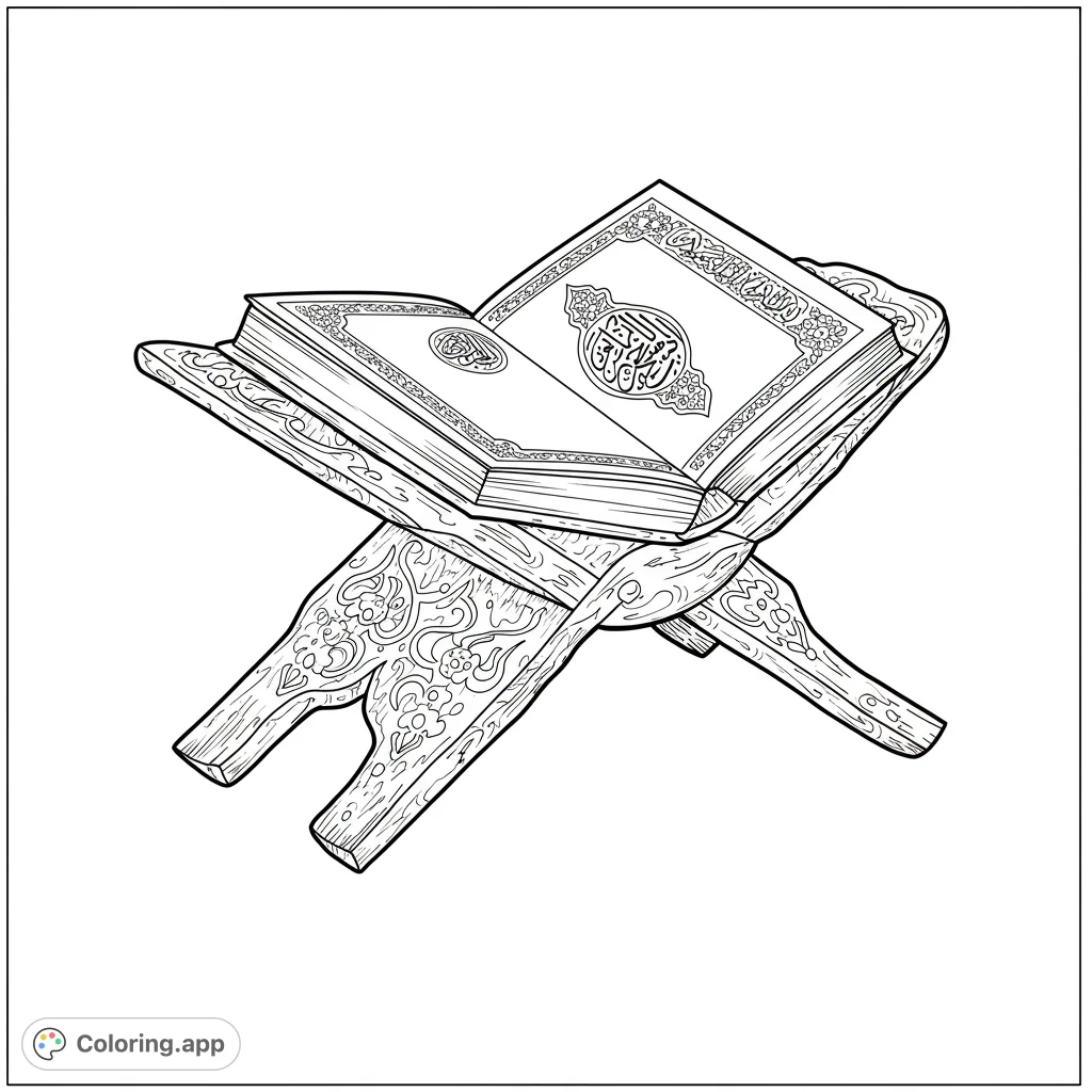 An open holy book with intricate calligraphy rests on a beautifully carved wooden rehal, perfect for mindful coloring and spiritual reflection.