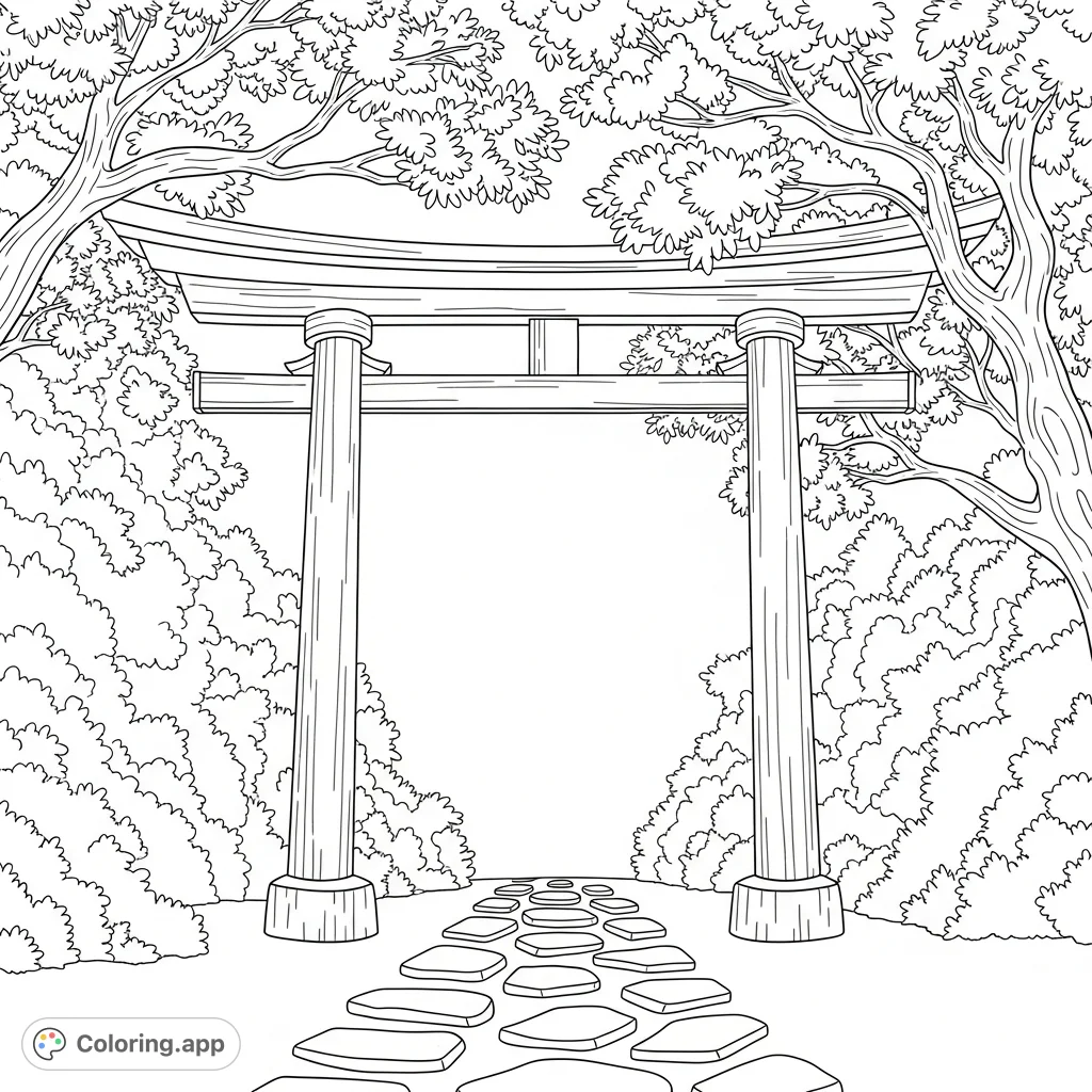 Color a traditional Japanese torii gate, framed by lush trees and leading stepping stones. A serene scene for cultural exploration and mindful coloring.