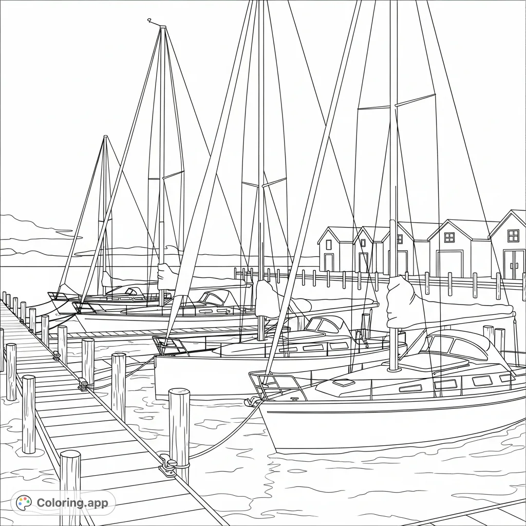 A tranquil marina scene with sailboats docked, featuring boathouses, rippling water, and a distant horizon for a peaceful coloring experience.