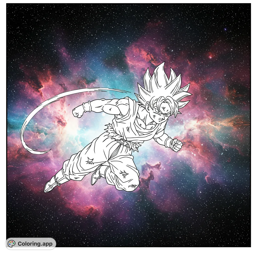 Unleash your power with this dynamic anime hero coloring page! A powerful Saiyan charges through a cosmic nebula, ready for action.