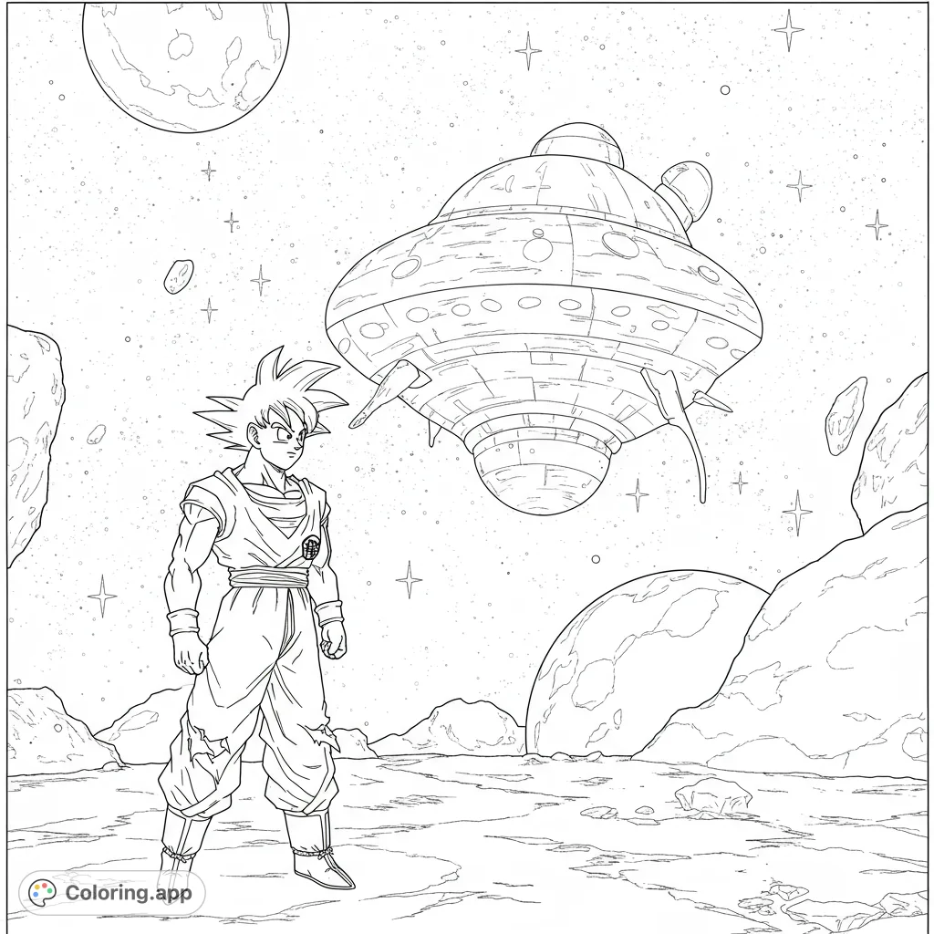 Dynamic Saiyan hero stands on an alien planet, a mysterious spaceship hovering above. A cosmic adventure awaits your colors!