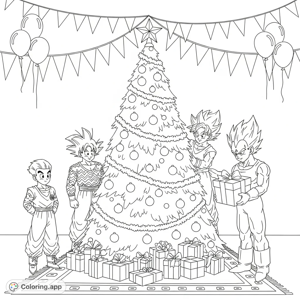 Goku, Gohan, and Vegeta celebrate Christmas around a towering, decorated tree with gifts and festive decor. A fun Saiyan holiday coloring page!