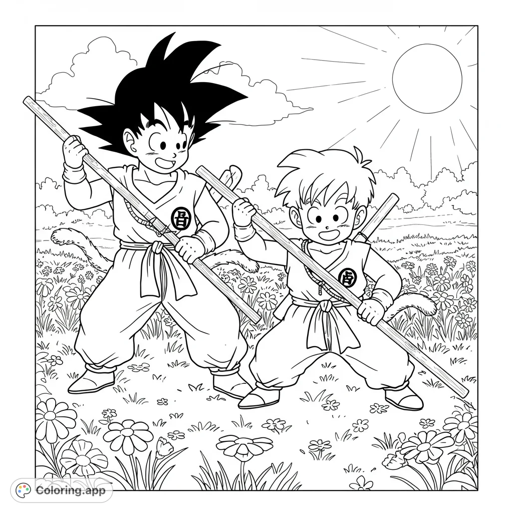 Dynamic Dragon Ball Z coloring page featuring young Goku and Gohan practicing with staffs in a vibrant flower field under a sunny sky.