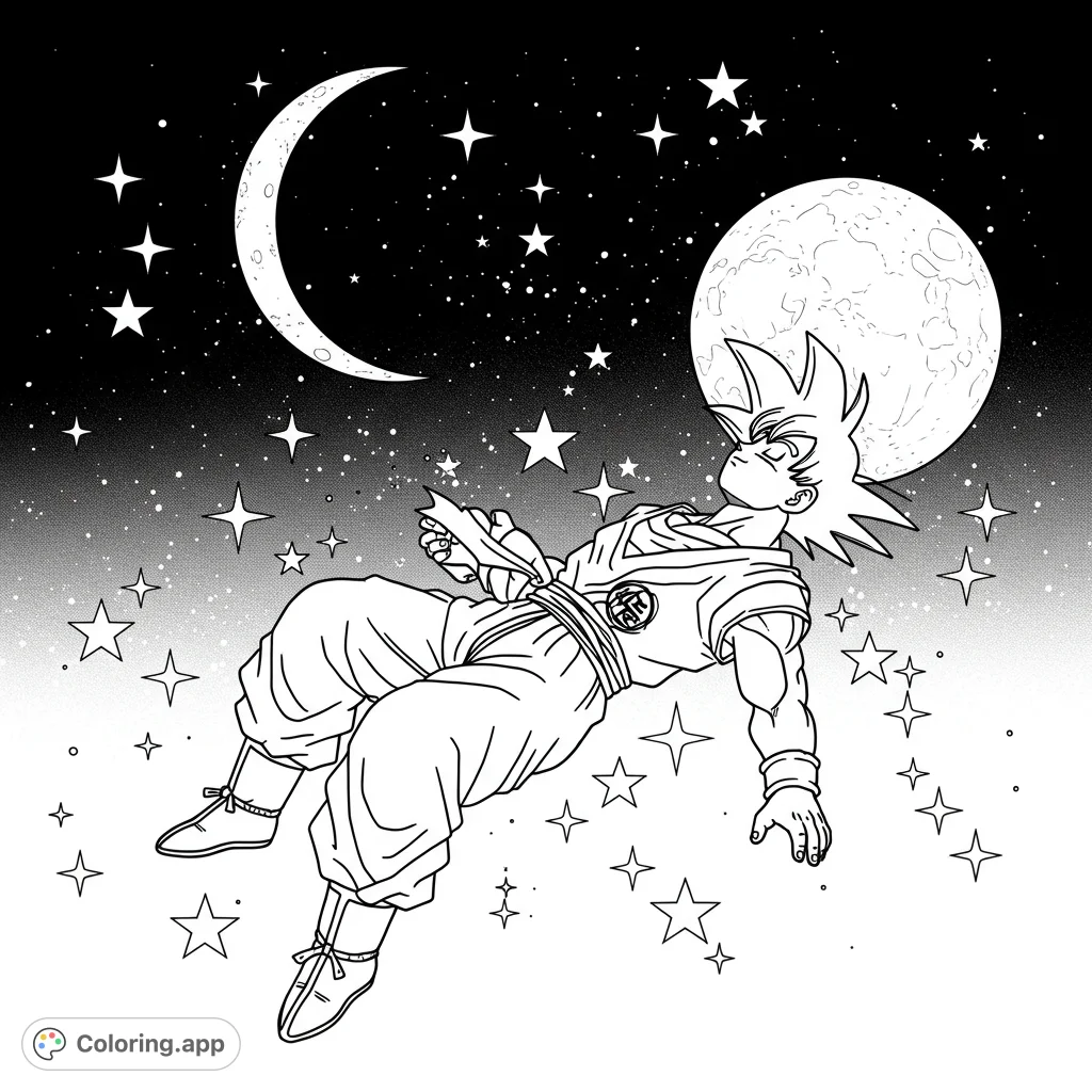 A dynamic Dragon Ball Z coloring page featuring a spiky-haired warrior floating among stars, a full moon, and a crescent moon. Free printable for fans!