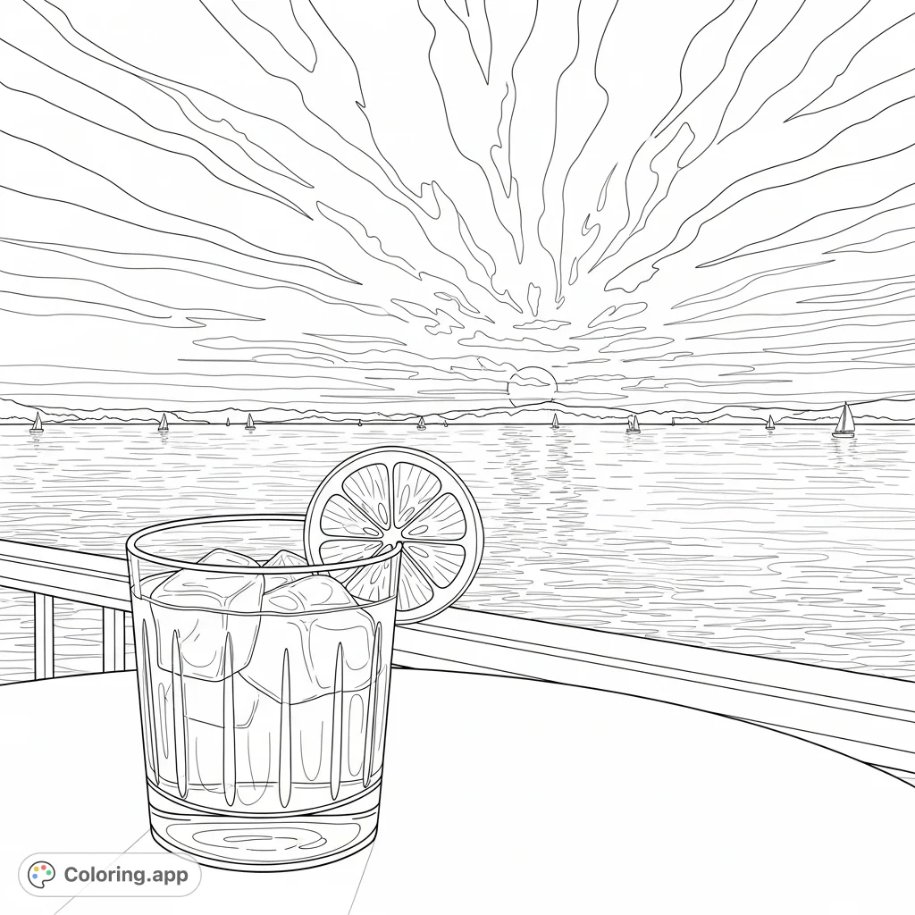 A detailed coloring page featuring a cocktail with a citrus garnish on a patio table, overlooking the iconic San Francisco Bay at sunset, with sailboats.