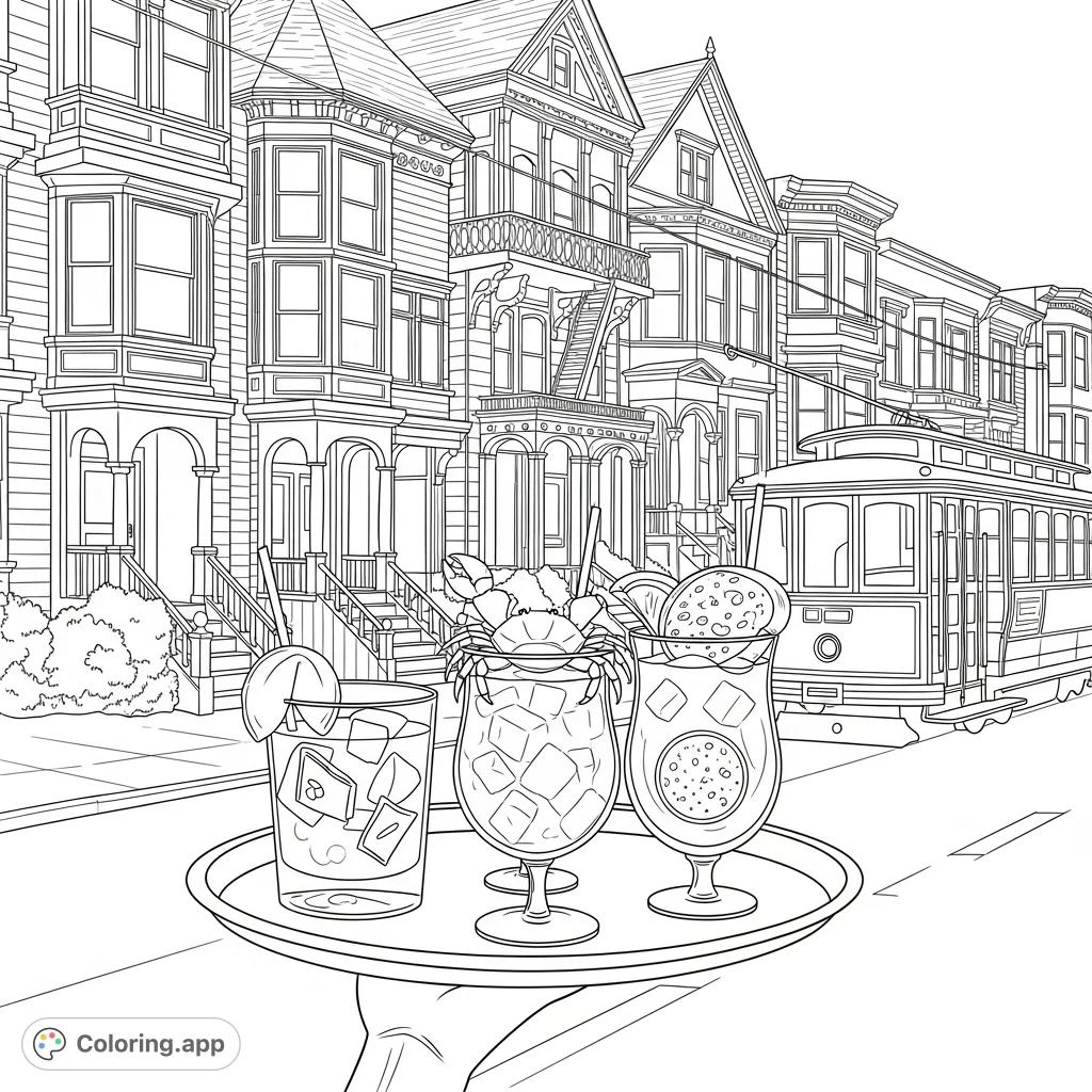 A detailed San Francisco street scene featuring a tray of uniquely garnished cocktails, historic Victorian houses, and a classic streetcar passing by.