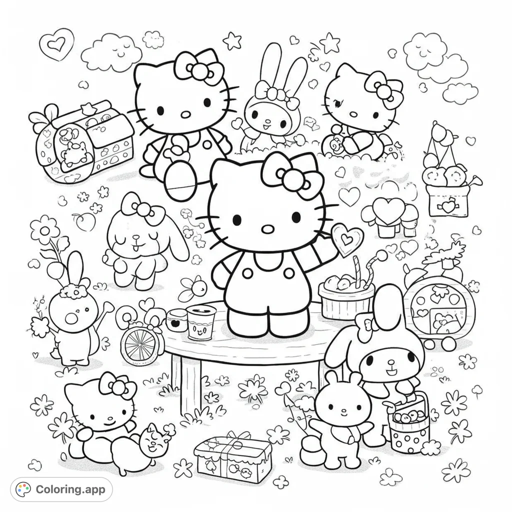 A delightful Sanrio friends coloring page featuring Hello Kitty, My Melody, and more enjoying an outdoor gathering with gifts and treats.