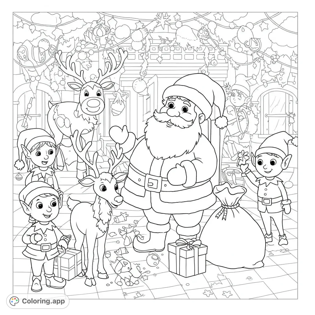 A joyful Christmas scene featuring Santa, his elves, and reindeer surrounded by gifts and festive decorations, perfect for holiday coloring fun.