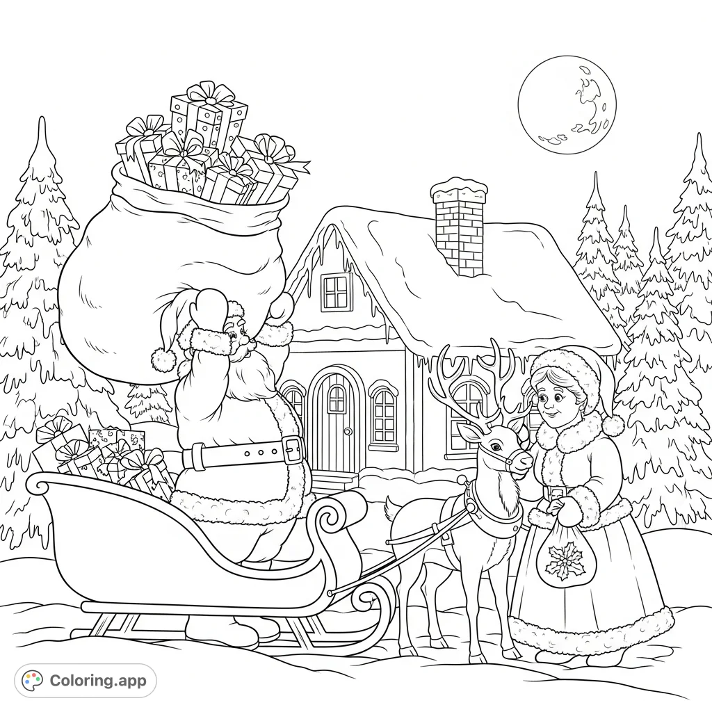 Santa loads gifts onto his sleigh while Mrs. Claus tends a reindeer at their North Pole home, surrounded by snowy pines under a moonlit sky.