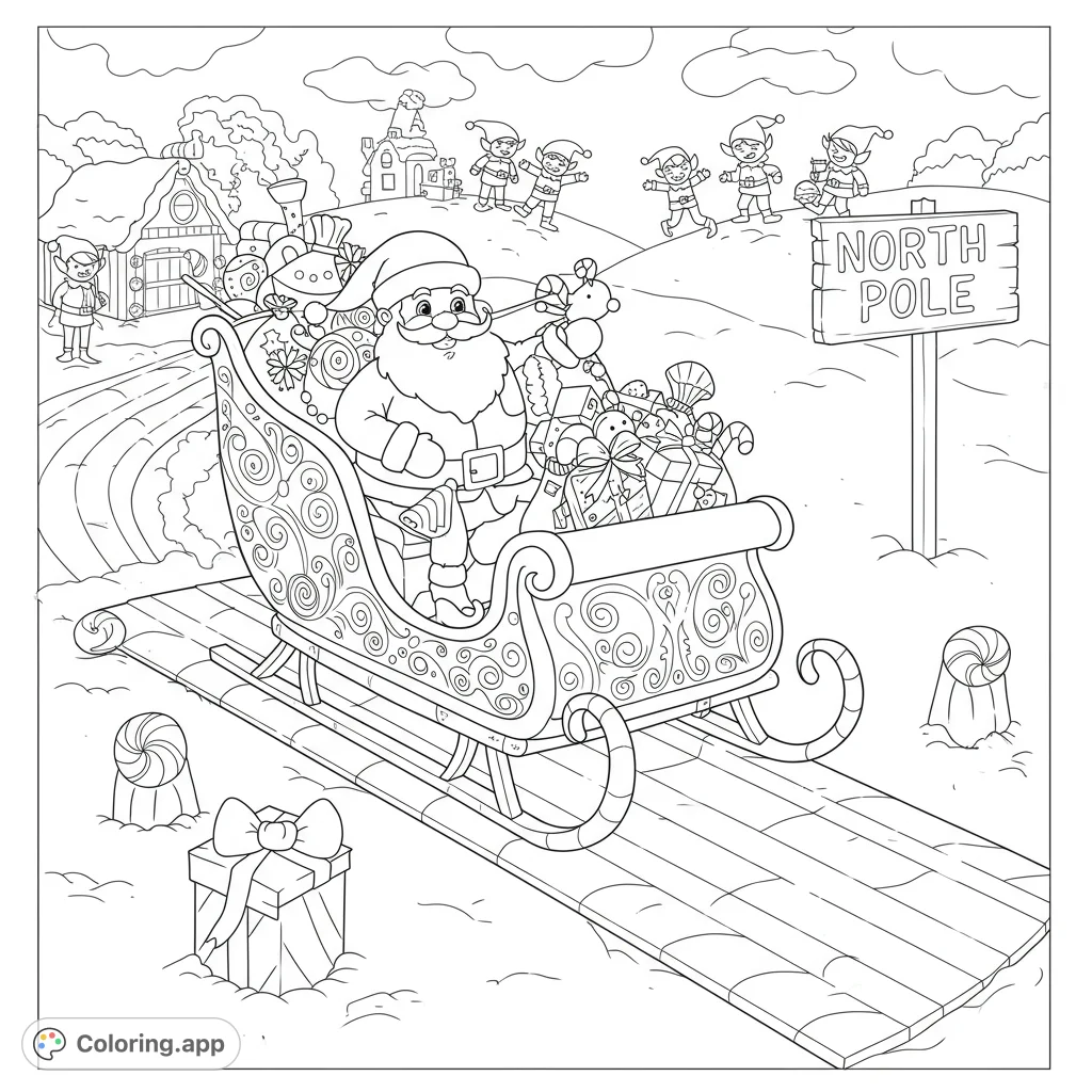 Join Santa on his festive sleigh ride from the North Pole, filled with gifts and surrounded by playful elves. A joyful Christmas coloring page.