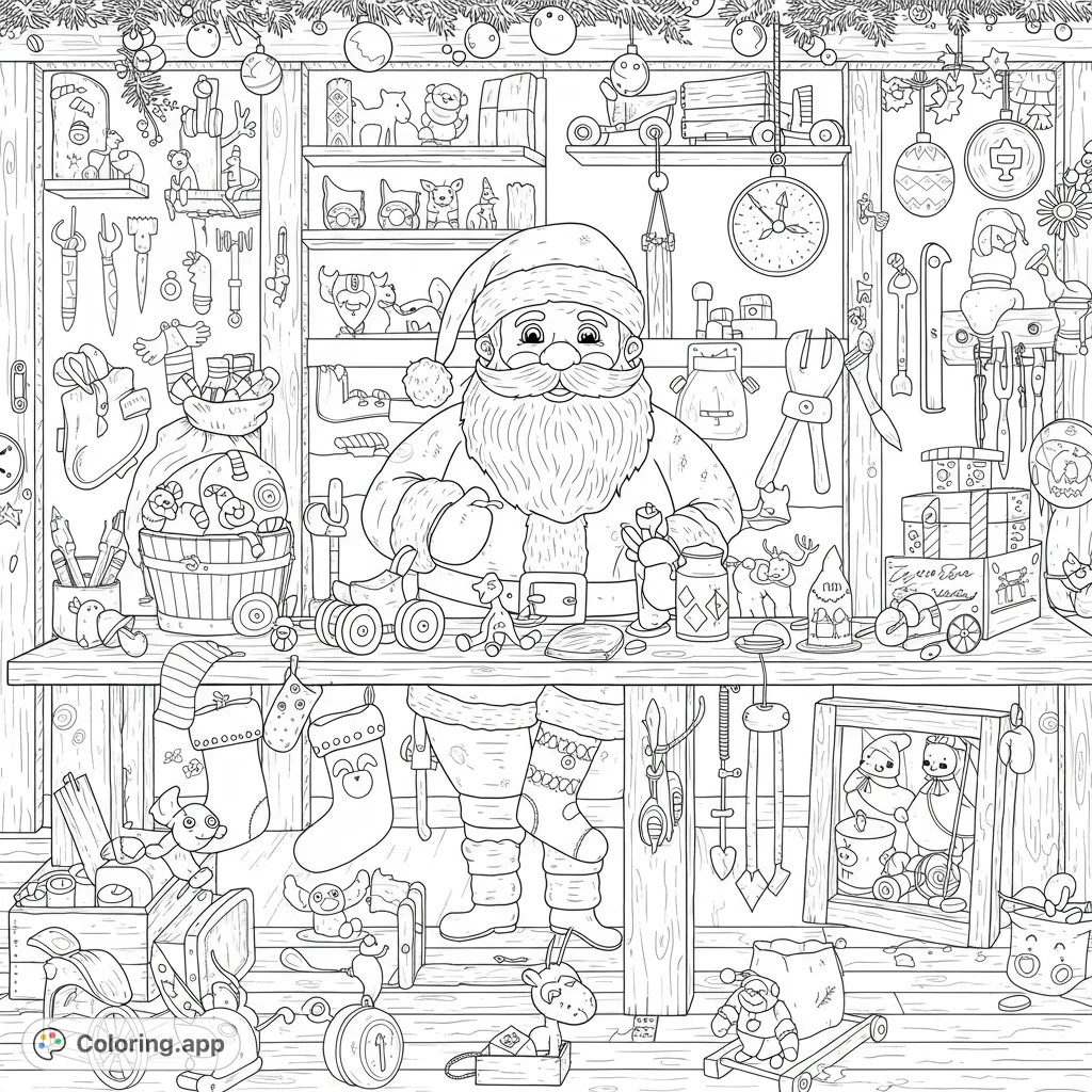 Detailed Christmas workshop scene with Santa crafting toys, surrounded by festive decorations and tools. A free printable holiday coloring page.