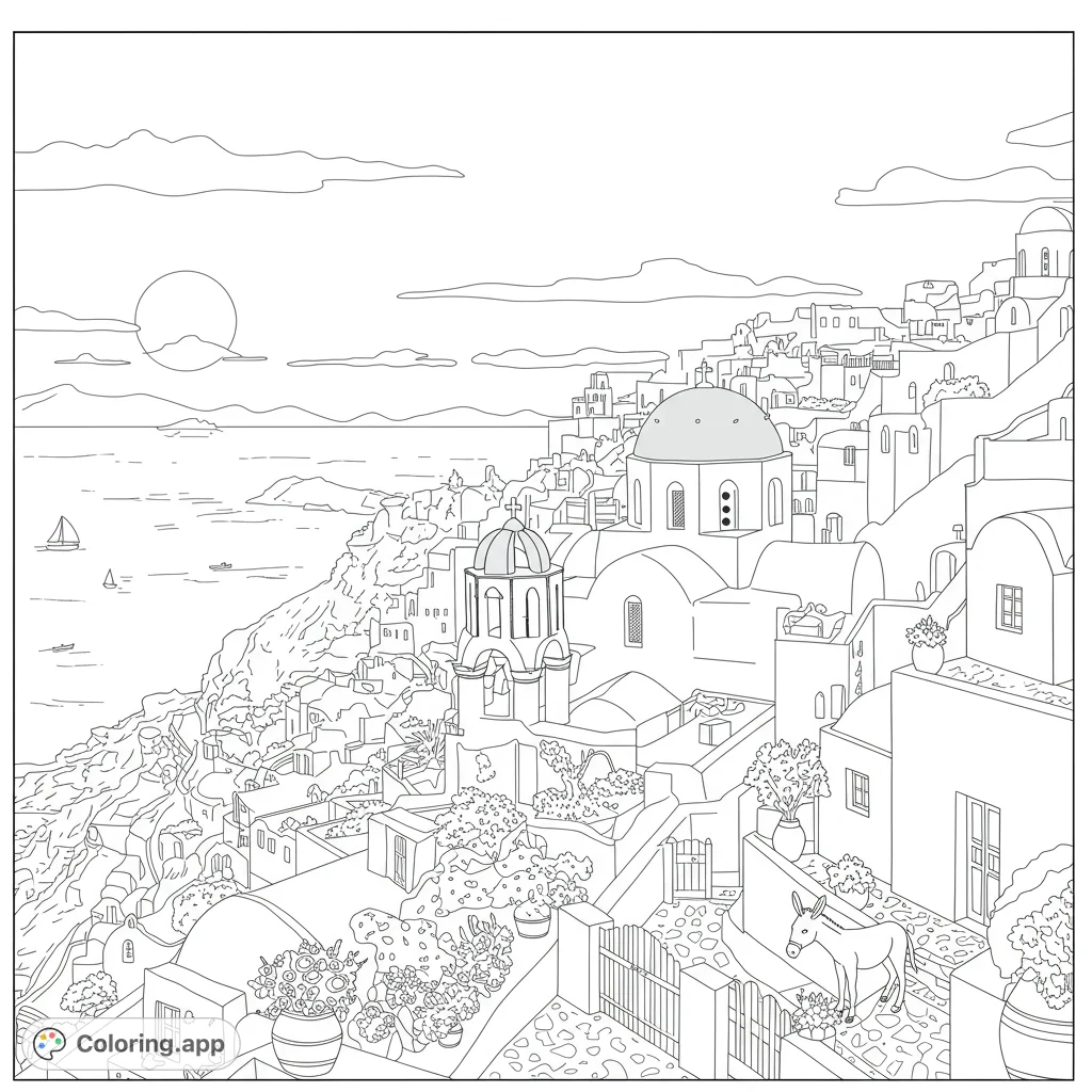 Explore a beautiful Greek island village with iconic domed churches, charming pathways, and a serene seascape. A free printable Santorini coloring page.
