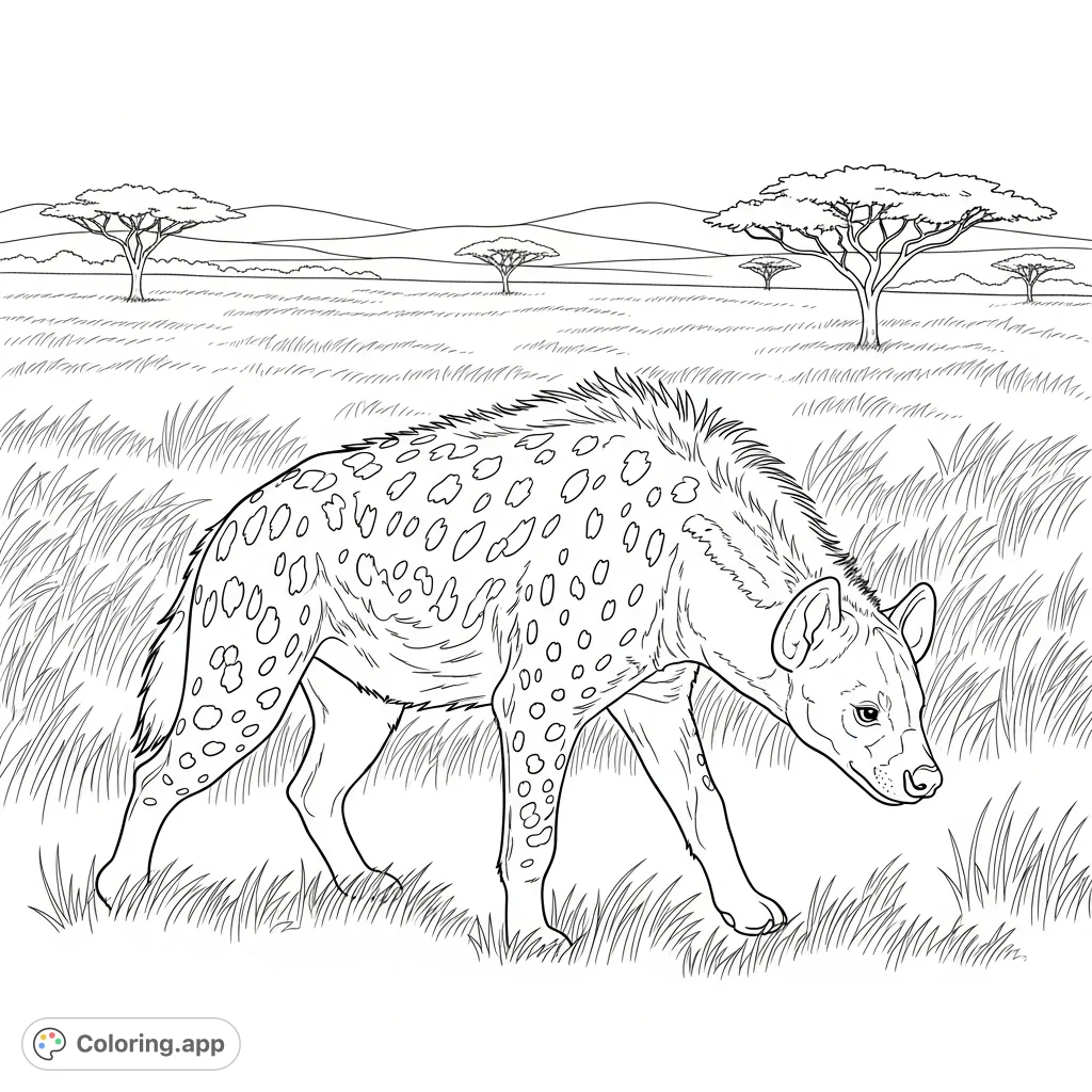 A detailed coloring page featuring a robust spotted hyena wandering through the expansive savanna with tall grasses, acacia trees, and distant hills.