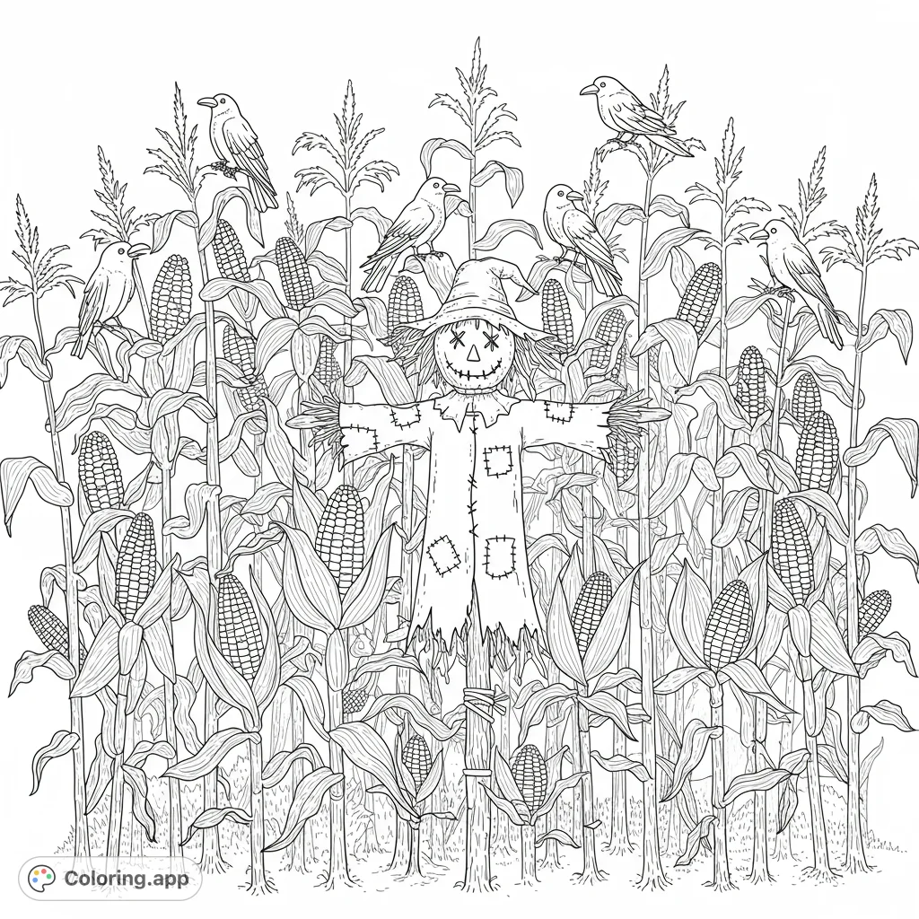 A charming scarecrow stands amidst a bountiful cornfield, surrounded by perched birds, perfect for an autumn harvest coloring page.