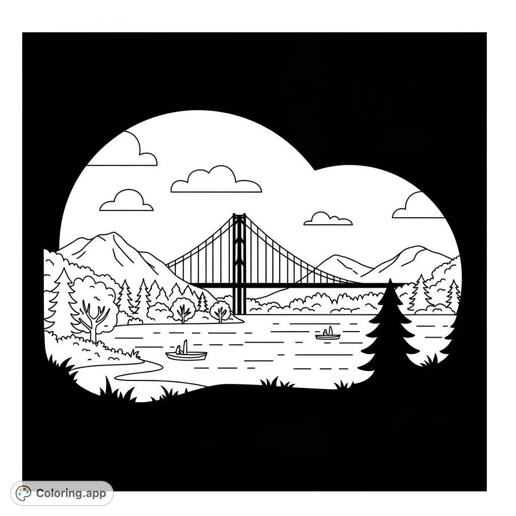 Explore a beautiful landscape featuring a grand suspension bridge over a serene lake, surrounded by mountains and lush trees. A free printable nature coloring page.