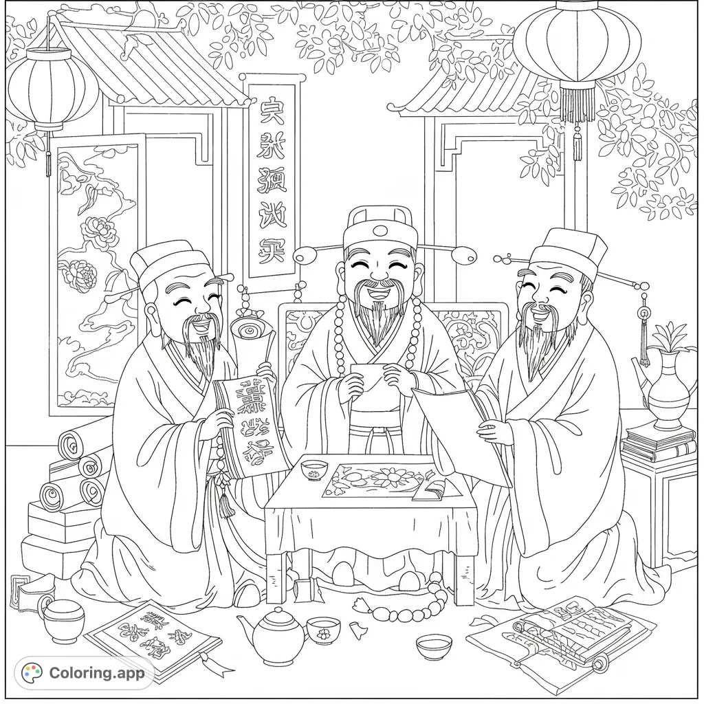 A serene ancient Chinese scholars' gathering, with three wise men enjoying tea and scrolls amidst traditional architecture and lush foliage.