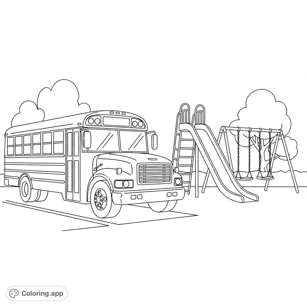 A classic school bus parked next to a vibrant playground featuring a simple slide and swings, ready for kids to bring to life with colors.